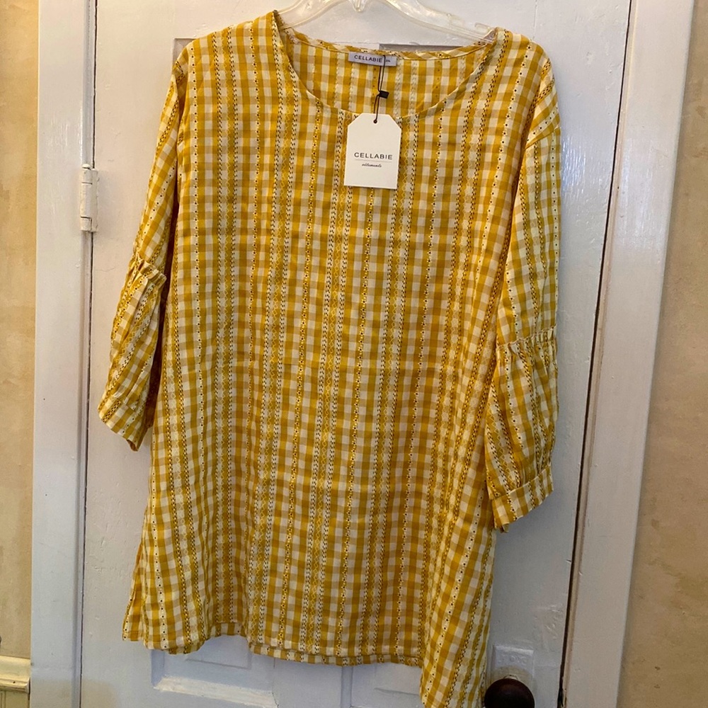 CELLABIE 2XL XXL yellow gold white daisy print gingham top cotton/poly puff NWT